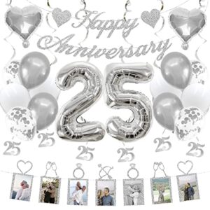 25th anniversary decorations party supplies set of happy anniversary photo banner and balloons,hanging swirls for 25 year wedding anniversary decor(silver)