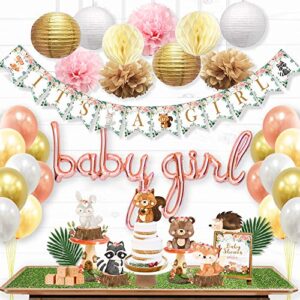 ola memoirs woodland baby shower decorations for girl – woodland creatures it’s a girl banner, boho floral forest animals cutouts, rose gold baby girl balloons, pink, khaki pom poms, gold lanterns