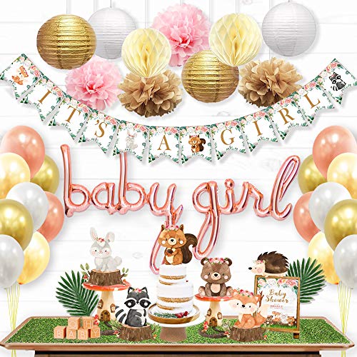 Ola Memoirs Woodland Baby Shower Decorations for Girl - Woodland Creatures It's A Girl Banner, Boho Floral Forest Animals Cutouts, Rose Gold Baby Girl Balloons, Pink, Khaki Pom Poms, Gold Lanterns