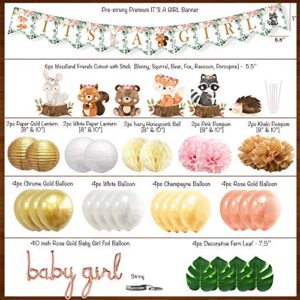 Ola Memoirs Woodland Baby Shower Decorations for Girl - Woodland Creatures It's A Girl Banner, Boho Floral Forest Animals Cutouts, Rose Gold Baby Girl Balloons, Pink, Khaki Pom Poms, Gold Lanterns