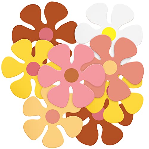 60 Pieces Retro Flower Shaped Cutouts Groovy Retro Hippie Paper Cut Party Decoration Daisy Paper Flower Cutouts for Party Craft Wall School DIY Spring Summer Birthday Home 4.33 Inch, 6 Styles