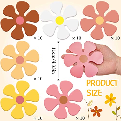 60 Pieces Retro Flower Shaped Cutouts Groovy Retro Hippie Paper Cut Party Decoration Daisy Paper Flower Cutouts for Party Craft Wall School DIY Spring Summer Birthday Home 4.33 Inch, 6 Styles