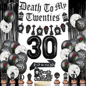 Death To My 20s Decorations, Fiesec Rip To My Twenties Funeral For My Youth 30th Birthday Decorations Fringe Curtain Balloon Gothic Letter Banner Sash Cake Cupcake Topper Tombstone Skull Rose Black