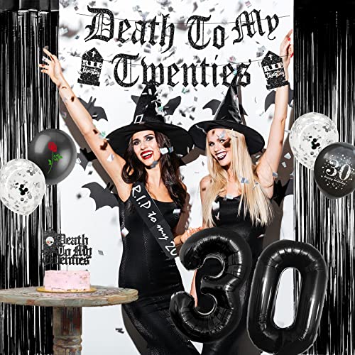 Death To My 20s Decorations, Fiesec Rip To My Twenties Funeral For My Youth 30th Birthday Decorations Fringe Curtain Balloon Gothic Letter Banner Sash Cake Cupcake Topper Tombstone Skull Rose Black