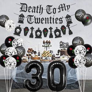 Death To My 20s Decorations, Fiesec Rip To My Twenties Funeral For My Youth 30th Birthday Decorations Fringe Curtain Balloon Gothic Letter Banner Sash Cake Cupcake Topper Tombstone Skull Rose Black