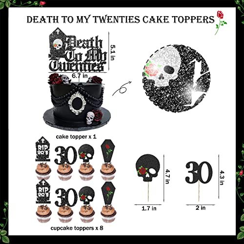 Death To My 20s Decorations, Fiesec Rip To My Twenties Funeral For My Youth 30th Birthday Decorations Fringe Curtain Balloon Gothic Letter Banner Sash Cake Cupcake Topper Tombstone Skull Rose Black