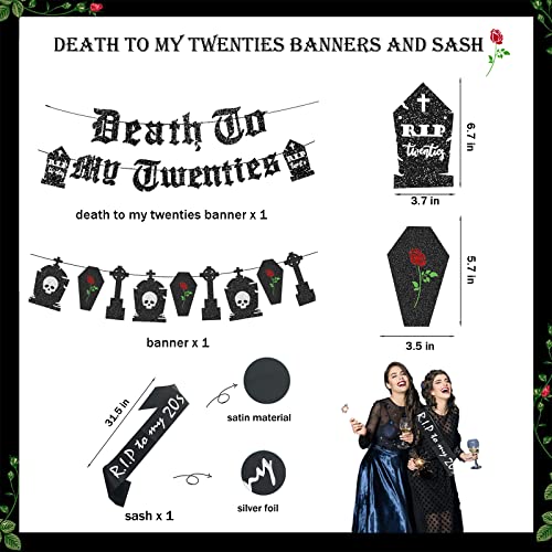 Death To My 20s Decorations, Fiesec Rip To My Twenties Funeral For My Youth 30th Birthday Decorations Fringe Curtain Balloon Gothic Letter Banner Sash Cake Cupcake Topper Tombstone Skull Rose Black