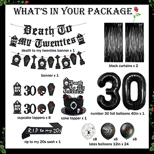 Death To My 20s Decorations, Fiesec Rip To My Twenties Funeral For My Youth 30th Birthday Decorations Fringe Curtain Balloon Gothic Letter Banner Sash Cake Cupcake Topper Tombstone Skull Rose Black