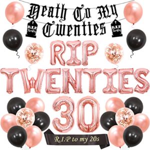 rip twenties 30th birthday party decoration for women black and rose gold balloon garland death to my twenties banner, rip to my 20s sash, number 30 foil balloon for funny thirty birthday