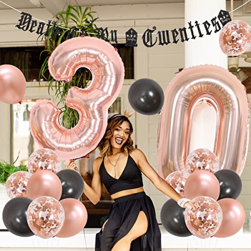 Rip Twenties 30th Birthday Party Decoration for Women Black and Rose Gold Balloon Garland Death to My Twenties Banner, Rip to My 20s Sash, Number 30 Foil Balloon for Funny Thirty Birthday