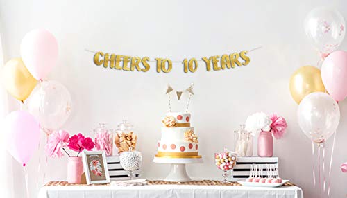 Cheers to 10 Years Gold Glitter Banner - 10th Anniversary and Birthday Party Decorations