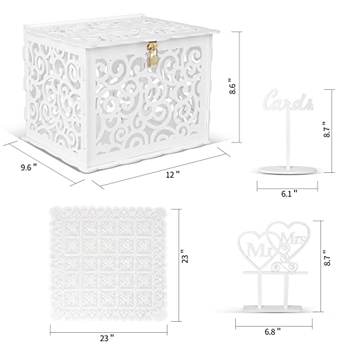 Wedding Card Box, KPOSIYA Hollow Out Wooden Card Box with Lock & Card Sign & Lace Table Mat , Wedding Decorations Card Receiving Box Card Box for Wedding Reception Birthday Party Baby Shower Anniversaries (White, Card box)