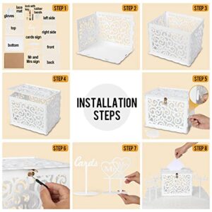 Wedding Card Box, KPOSIYA Hollow Out Wooden Card Box with Lock & Card Sign & Lace Table Mat , Wedding Decorations Card Receiving Box Card Box for Wedding Reception Birthday Party Baby Shower Anniversaries (White, Card box)