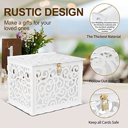 Wedding Card Box, KPOSIYA Hollow Out Wooden Card Box with Lock & Card Sign & Lace Table Mat , Wedding Decorations Card Receiving Box Card Box for Wedding Reception Birthday Party Baby Shower Anniversaries (White, Card box)