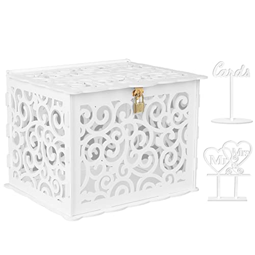 Wedding Card Box, KPOSIYA Hollow Out Wooden Card Box with Lock & Card Sign & Lace Table Mat , Wedding Decorations Card Receiving Box Card Box for Wedding Reception Birthday Party Baby Shower Anniversaries (White, Card box)