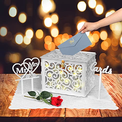 Wedding Card Box, KPOSIYA Hollow Out Wooden Card Box with Lock & Card Sign & Lace Table Mat , Wedding Decorations Card Receiving Box Card Box for Wedding Reception Birthday Party Baby Shower Anniversaries (White, Card box)