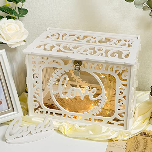 AerWo Wedding Card Box with Lock and String Light, Glittery DIY Wedding Gift Card Boxes for Reception, White PVC Wedding Memory Money Box for Wedding Reception Anniversary Party Decorations