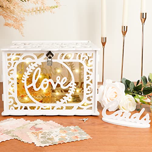 AerWo Wedding Card Box with Lock and String Light, Glittery DIY Wedding Gift Card Boxes for Reception, White PVC Wedding Memory Money Box for Wedding Reception Anniversary Party Decorations