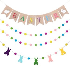 happy easter bunny burlap banner and 3 pieces easter felt ball garland bunny decor bunny garland colorful pom pom garland easter spring decor for easter spring theme party home indoor outdoor decor
