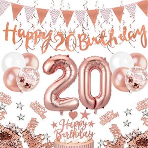 movinpe 20th rose gold birthday decorations, 20th happy birthday banner pennant flags 6pcs hanging swirl, number 20 foil balloons 8pcs latex balloons cake toppers table confetti for girls women