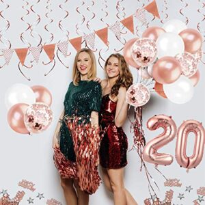 MOVINPE 20th Rose Gold Birthday Decorations, 20th Happy Birthday Banner Pennant Flags 6pcs Hanging Swirl, Number 20 Foil Balloons 8pcs Latex Balloons Cake Toppers Table Confetti for Girls Women