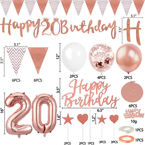 MOVINPE 20th Rose Gold Birthday Decorations, 20th Happy Birthday Banner Pennant Flags 6pcs Hanging Swirl, Number 20 Foil Balloons 8pcs Latex Balloons Cake Toppers Table Confetti for Girls Women