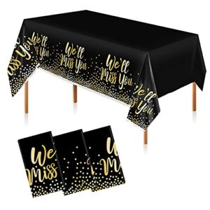 guozhixin 3 pack we will miss you black and gold plastic tablecloths, disposable party table cloths, dot confetti covers for retirement awaits bye office work graduation , 54inch x 108inch
