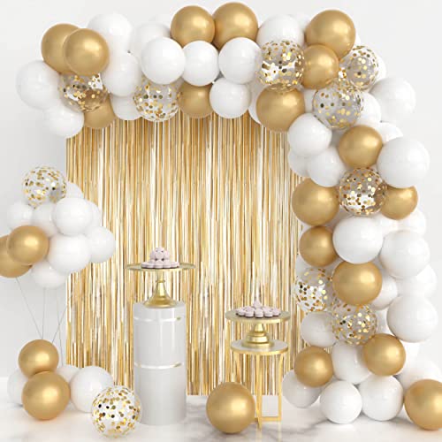 JOYYPOP White Gold Balloon Garland Kit with Gold Tinsel Curtain White Gold Balloons for White and Gold Wedding Birthday Party