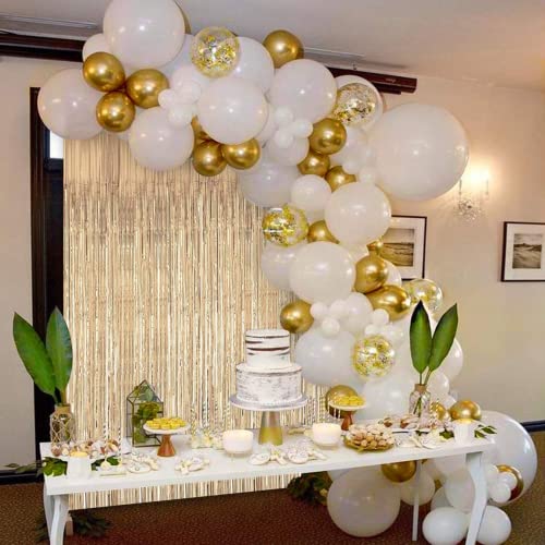 JOYYPOP White Gold Balloon Garland Kit with Gold Tinsel Curtain White Gold Balloons for White and Gold Wedding Birthday Party