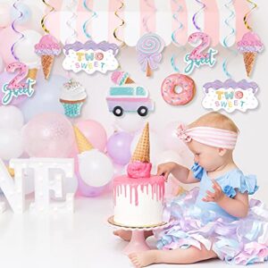 20Pcs Ice Cream Two Sweet 2nd Birthday Party Supplies, Ice Cream and Donut Party Hanging Swirl Decorations, Summer Ice Cream Party Hanging Streamer for Ice Cream Baby Second Birthday Donut Theme Party