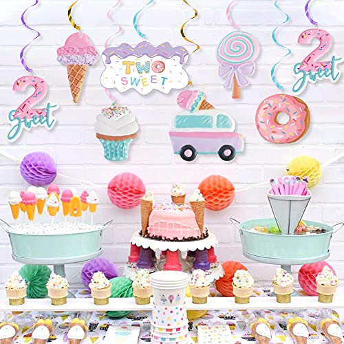 20Pcs Ice Cream Two Sweet 2nd Birthday Party Supplies, Ice Cream and Donut Party Hanging Swirl Decorations, Summer Ice Cream Party Hanging Streamer for Ice Cream Baby Second Birthday Donut Theme Party