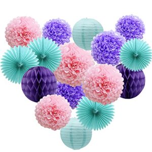 teal lavender purple pink party decorations 16pcs paper pom poms honeycomb balls blue lanterns tissue fans for wedding birthday baby shower frozen party supplies