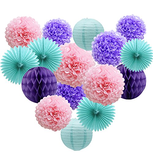 Teal Lavender Purple Pink Party Decorations 16pcs Paper Pom Poms Honeycomb Balls Blue Lanterns Tissue Fans for Wedding Birthday Baby Shower Frozen Party Supplies