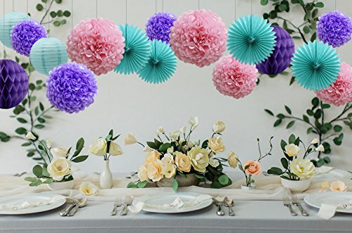 Teal Lavender Purple Pink Party Decorations 16pcs Paper Pom Poms Honeycomb Balls Blue Lanterns Tissue Fans for Wedding Birthday Baby Shower Frozen Party Supplies