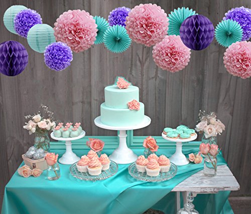 Teal Lavender Purple Pink Party Decorations 16pcs Paper Pom Poms Honeycomb Balls Blue Lanterns Tissue Fans for Wedding Birthday Baby Shower Frozen Party Supplies