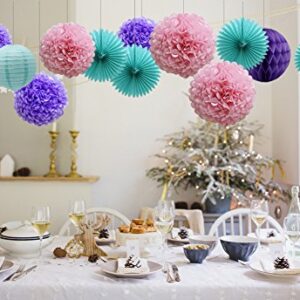 Teal Lavender Purple Pink Party Decorations 16pcs Paper Pom Poms Honeycomb Balls Blue Lanterns Tissue Fans for Wedding Birthday Baby Shower Frozen Party Supplies