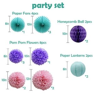 Teal Lavender Purple Pink Party Decorations 16pcs Paper Pom Poms Honeycomb Balls Blue Lanterns Tissue Fans for Wedding Birthday Baby Shower Frozen Party Supplies