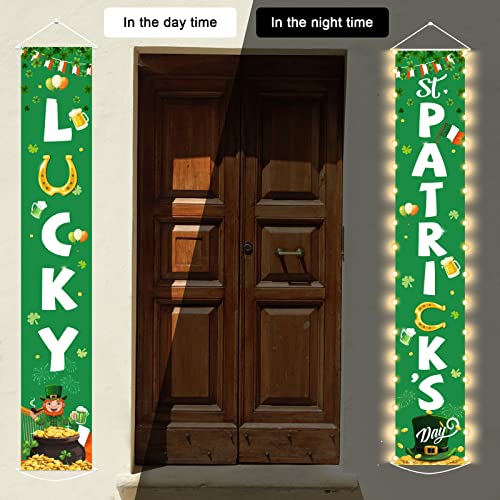 St Patrick's Day Front Door Banners Lighted Irish Shamrock Porch Sign with LED Light Decorations Lucky Door Sign Shamrock Hanging Banner for St Patrick's Day Spring Party Indoor Outside Lighted Decor