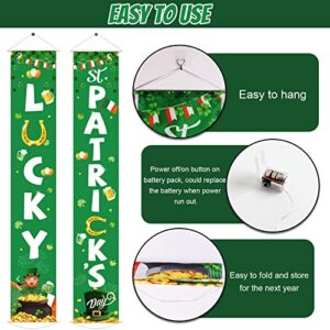 St Patrick's Day Front Door Banners Lighted Irish Shamrock Porch Sign with LED Light Decorations Lucky Door Sign Shamrock Hanging Banner for St Patrick's Day Spring Party Indoor Outside Lighted Decor