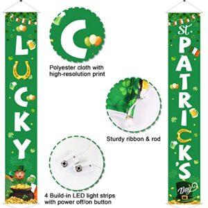 St Patrick's Day Front Door Banners Lighted Irish Shamrock Porch Sign with LED Light Decorations Lucky Door Sign Shamrock Hanging Banner for St Patrick's Day Spring Party Indoor Outside Lighted Decor