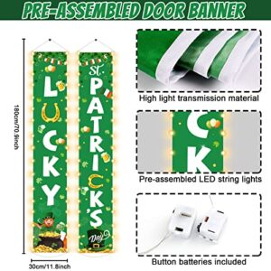 St Patrick's Day Front Door Banners Lighted Irish Shamrock Porch Sign with LED Light Decorations Lucky Door Sign Shamrock Hanging Banner for St Patrick's Day Spring Party Indoor Outside Lighted Decor