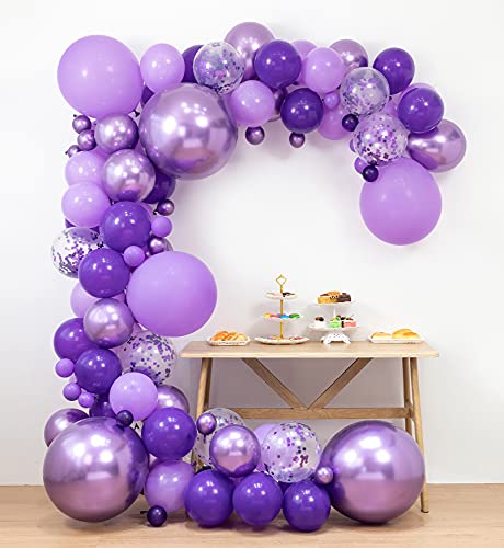 LFVIK Purple Balloons Garland Arch Kit& 4 Sizes 18''12''10''5'', Metallic Balloons, Purple Confetti ballons,for Women Birthday ,Purple theme party,Shower,Wedding.Balloon decoration tools.