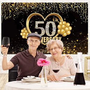 Yoaokiy 50th Wedding Anniversary Banner Backdrop Decorations, Gold Happy 50 Anniversary Party Supplies, Extra Large 50 Year Anniversary Decor Poster Photography (6 X 3.6ft)