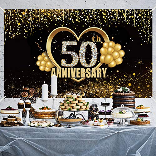 Yoaokiy 50th Wedding Anniversary Banner Backdrop Decorations, Gold Happy 50 Anniversary Party Supplies, Extra Large 50 Year Anniversary Decor Poster Photography (6 X 3.6ft)