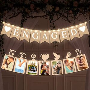 2 pieces engaged banner and photo banner romantic engagement wedding decorations engagement party decor engaged burlap banner wedding party sign bridal shower party supplies with string lights
