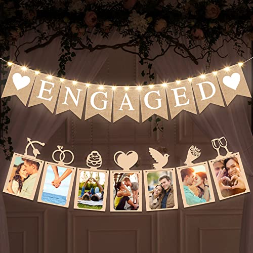 2 Pieces Engaged Banner and Photo Banner Romantic Engagement Wedding Decorations Engagement Party Decor Engaged Burlap Banner Wedding Party Sign Bridal Shower Party Supplies with String Lights