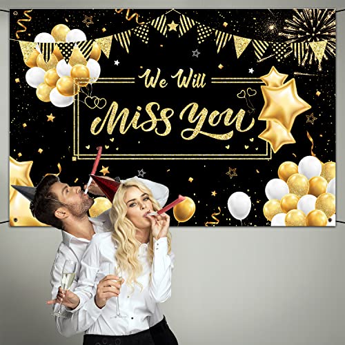 We Will Miss You Backdrop Banner Gatherfun Going Away Party Supplies Decorations Large Black and Gold Photography Background for Men Women Farewell Anniversary Retirement Graduation Party