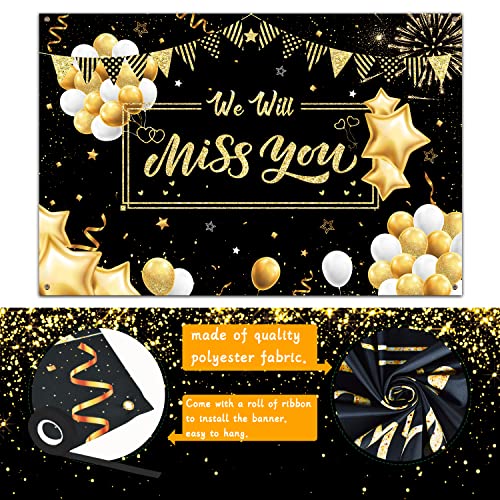 We Will Miss You Backdrop Banner Gatherfun Going Away Party Supplies Decorations Large Black and Gold Photography Background for Men Women Farewell Anniversary Retirement Graduation Party