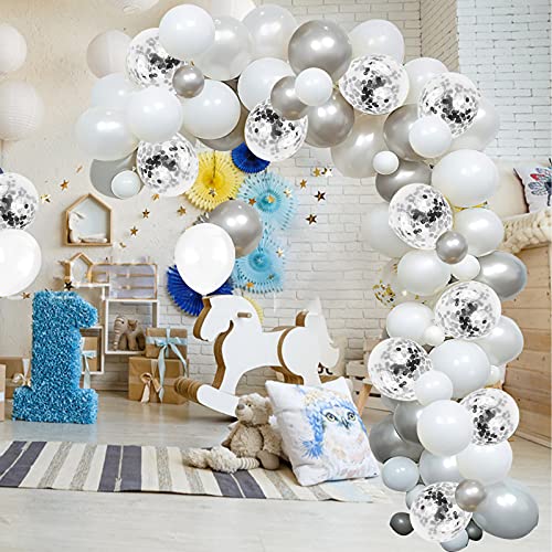 White and Silver Balloon Garland Arch Kit, 100 pcs 18/12/5 inch Pure White and Silver Confetti Latex Balloons for Party Decorations