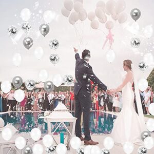 White and Silver Balloon Garland Arch Kit, 100 pcs 18/12/5 inch Pure White and Silver Confetti Latex Balloons for Party Decorations